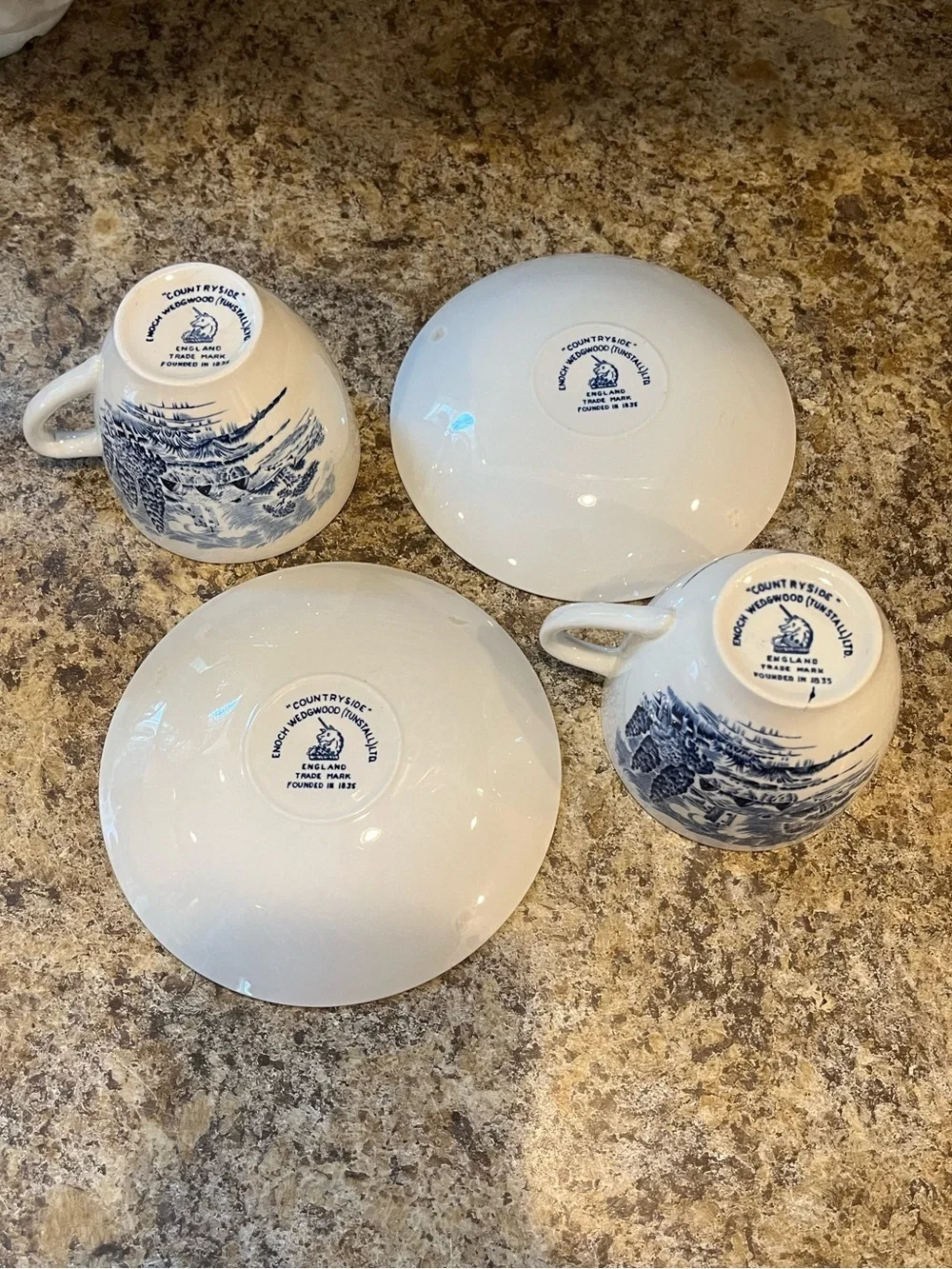 Wedgwood Countryside Teacups and Saucers Set of 2 Blue and White, England